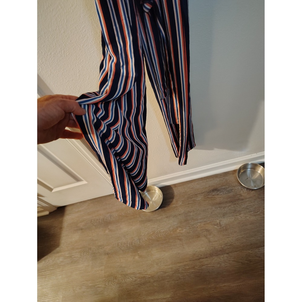As U Wish Womens Striped Wide Leg Jumpsuit White Navy Orange Paperbag Waist M